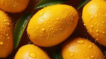 generativ ai, närbild färsk mango frukt bakgrund. tropisk exotisk närbild Foto med vatten droppar.
