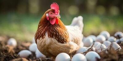 ai genererad. ai generativ. organisk eco kyckling tupp och ägg på landsbygden bruka bakgrund. grafisk konst foto
