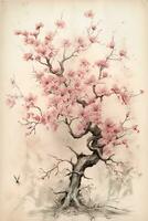generativ ai, skön japansk sakura träd, vattenfärg målning, årgång asiatisk affisch foto