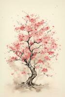 generativ ai, skön japansk sakura träd, vattenfärg målning, årgång asiatisk affisch foto