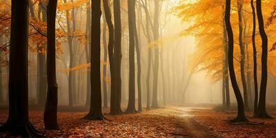 ai genererad. ai generativ. höst skog utomhus- natur orange gul parkera falla landskap bakgrund. grafisk konst foto