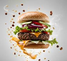 färsk gott burger flygande luft med krydda och liten ånga på ljus bakgrund. snabb mat. ohälsosam men utsökt mat. kommersiell PR Foto ai generativ