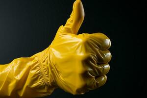 självsäker försäkran, gul handskar hand erbjudanden tummen upp, symboliserar allt kommer vara bra ai genererad foto