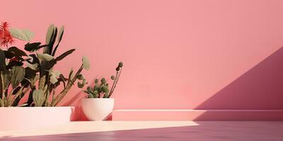ai genererad. ai generativ. rosa vägg botanisk blommor växt arkitektur. lyx mysigt minimal atmosfär bakgrund. grafisk konst foto