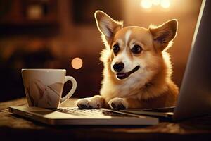 söt welsh corgi hund med bärbar dator och kopp av kaffe på Hem, söt hund tittar på en film på en bärbar dator skärm. bärbar dator och hund, ai genererad foto