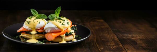 gourmet ägg benedict med lax på rustik tabell bakgrund med tömma Plats för text foto