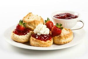 årgång frukost med scones levrad grädde jordgubb sylt isolerat på en vit bakgrund foto