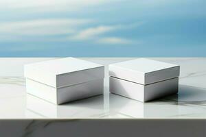 en par av vit lådor Sammanträde på topp av en tabell ai genererad foto