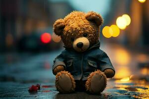 ensam teddy Björn, uppblött och ledsen, uppflugen på en regnig gata ai genererad foto