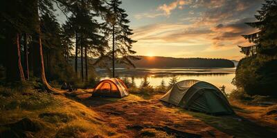 ai genererad. ai generativ. camping avslappning tid tält på sjö skön landskap bakgrund. äventyr semester Flott tid. grafisk konst foto