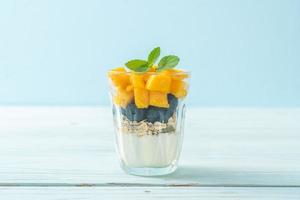 hemlagad färsk mango och färskt blåbär med yoghurt och granola - hälsosam matstil