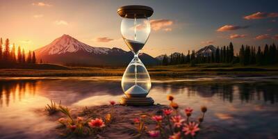 ai genererad. ai generativ. tid Kolla på timglas timglas utomhus- natur äventyr semester bakgrund landskap. grafisk konst foto