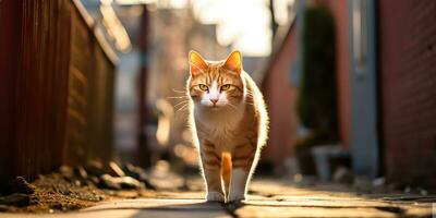 ai genererad. ai generativ. ett ensam katt sällskapsdjur gående gata stad urban bakgrund. grafisk konst foto
