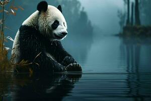 dimmig skog dammar kant kommer Levande med panda illustrationer förbi de flod ai genererad foto