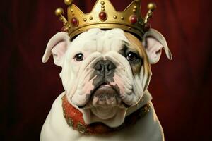 förtjusande vit engelsk bulldogg valp med en kunglig röd sammet krona ai genererad foto