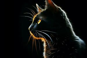 slående svart katt silhuett mot en skön mörk bakgrund ai genererad foto