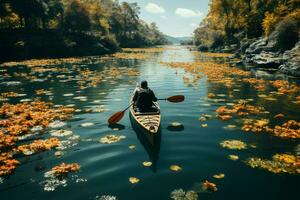 antenn se visar kayaker glidande på en lugn, lotus prickad sjö ai genererad foto