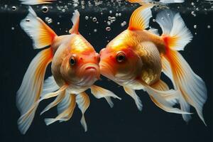 guldfisk romantik, de utgör med en röd hjärta, kärlek i vatten ai genererad foto