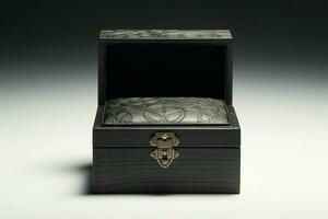 elegant svart trä- gåva låda med lyxig silke stoppning interiör ai genererad foto