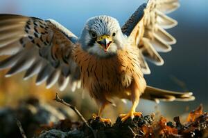 suddig bakgrund slingor manlig kestrel i flyg, en naturskön syn ai genererad foto