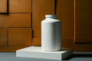 vit flaska vilar atop en fast betong blockera, kontrasterande texturer ai genererad foto