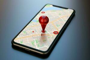 smartphone skärm mall med röd gps stift, återges i 3d ai genererad foto