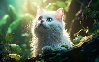 en skön vit katt ser ner med en orolig uttryck, generativ ai foto