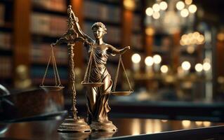balanserad rättvisa staty av lady rättvisa på advokatens skrivbord. generativ ai foto