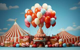cirkus skådespel ballonger och sötsaker under de stor topp, generativ ai foto