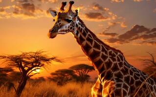 giraffs solnedgång vistelse i de savann, generativ ai foto