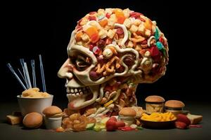 hjärna sammansatt av skräp mat, generativ ai foto