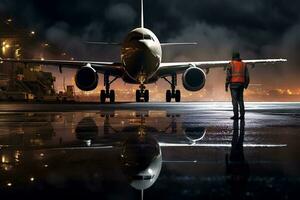 nattetid arbetstagare stående Bakom jet flygplan generativ ai foto
