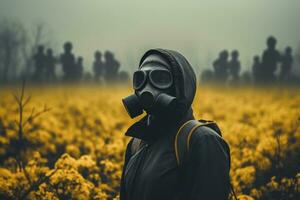 person bär gas mask i dystopisk apokalyps framtida, generativ ai foto