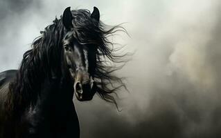 eterisk svart häst porträtt i silhuett mitt i dimma, generativ ai foto