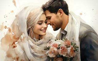 vattenfärg muslim brud och brudgum på bröllop dag, generativ ai foto
