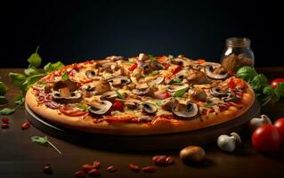 färsk bakad pizza droppande på mörk bakgrund foto