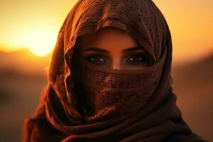 arab kvinna i de solnedgång resa. generativ förbi ai. foto
