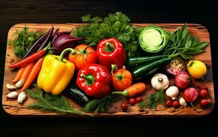 vibrerande grönsaker på skärande styrelse - kulinariska förberedelse. generativ förbi ai foto