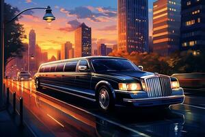 urban lyx rida - limousine på de väg på skymning. generativ förbi ai foto