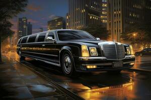 stadsbild elegans - limousine bland lång byggnader på skymning. generativ förbi ai foto