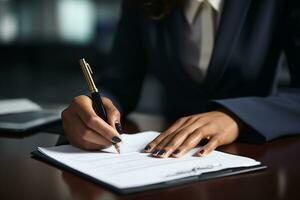 formell kontrakt signering förbi affärskvinna tätning de handla. generativ förbi ai foto