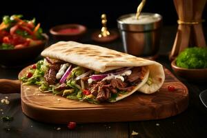 shawarma eras på trä- tabell. generativ förbi ai foto