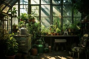 en glimt inuti en växthus myllrande med grönska. generativ förbi ai foto