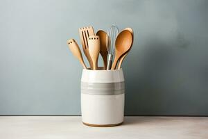 kök matlagning redskap i keramisk lagring pott. generativ förbi ai foto