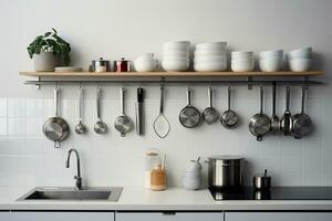 de propert och minimalistisk kök för välorganiserad matlagning. generativ förbi ai foto