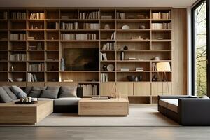 trä- bokhylla i de interiör av en modern levande rum. generativ förbi ai foto