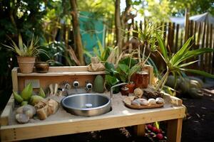 lera kök i de tropisk förskola trädgård. generativ förbi ai foto