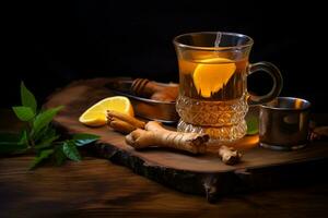 smuttar kryddad ingefära te på trä- tabell. generativ förbi ai foto