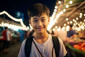 porträtt av en söt asiatisk pojke leende på de natt marknadsföra. generativ förbi ai foto
