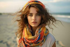 porträtt av en skön ung kvinna med en färgrik scarf, fattande vibrerande mode. generativ förbi ai foto